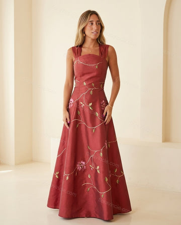 Deep Red Floral Maxi Embroidered Dress, full-length hero view, by Floravincie