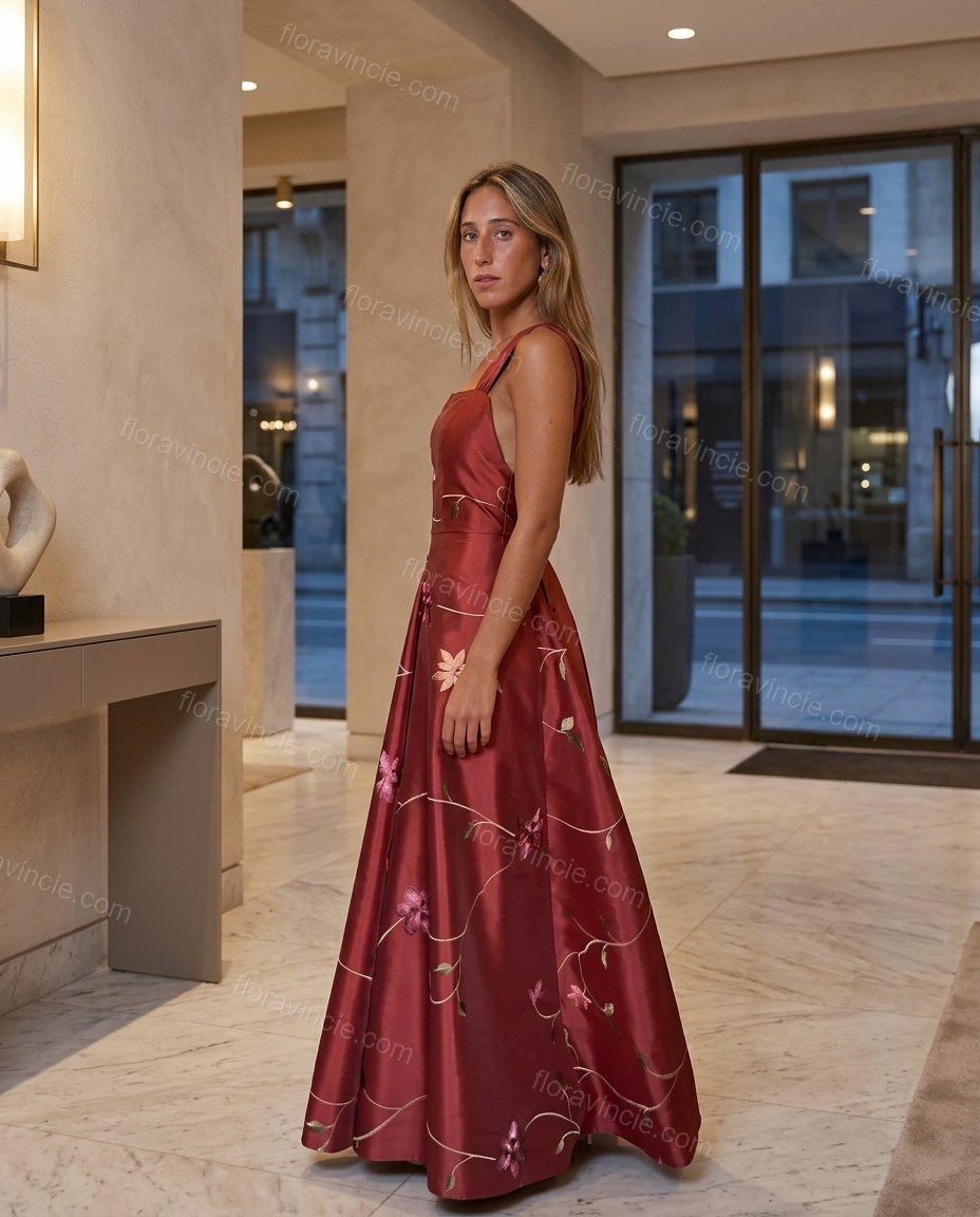 Deep Red Floral Maxi Embroidered Dress, three-quarter brand lifestyle view, by Floravincie
