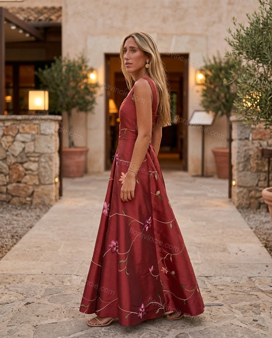 Deep Red Floral Maxi Embroidered Dress, walking lifestyle view, by Floravincie