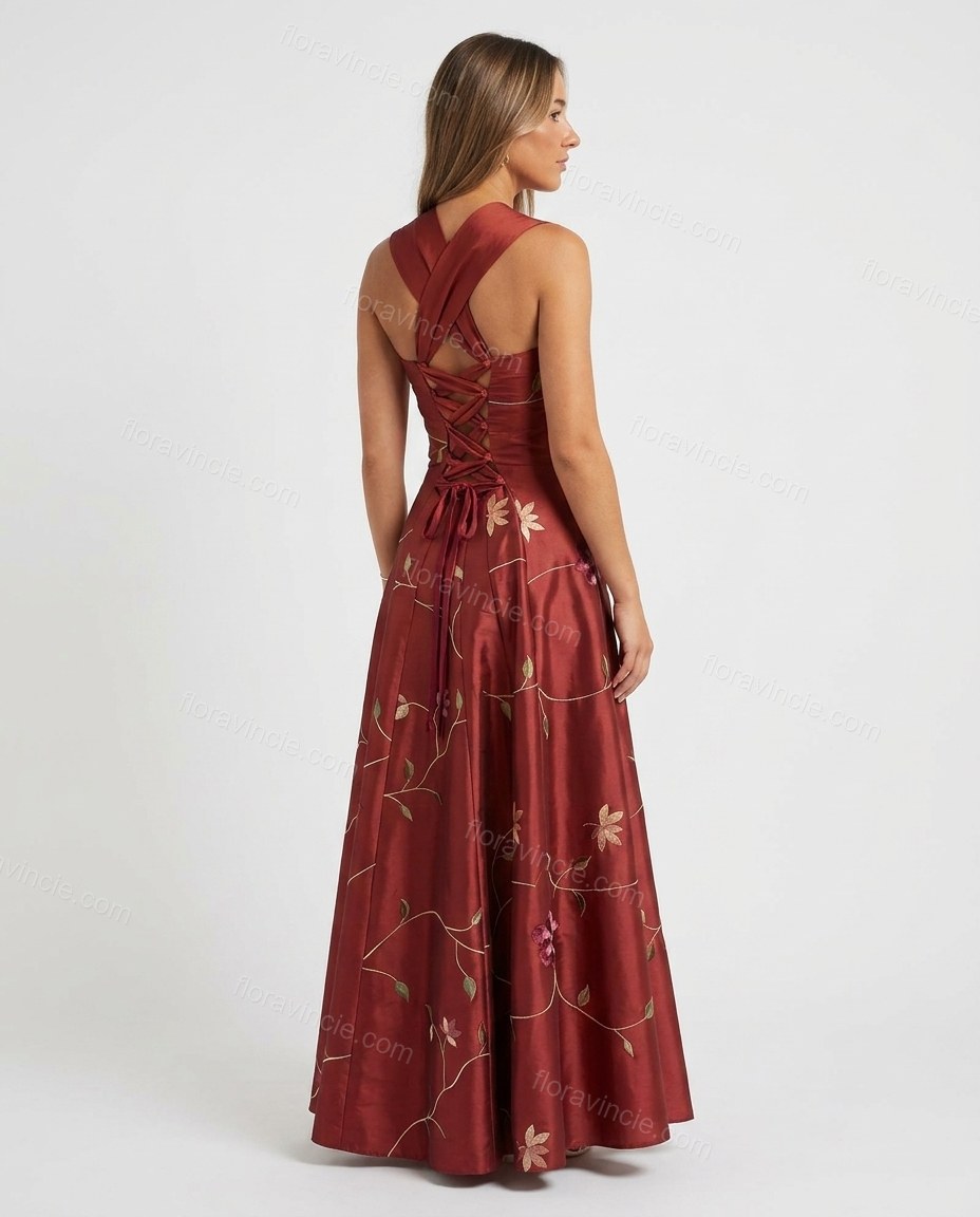 Deep Red Floral Maxi Embroidered Dress, back studio view showing corset back with lace-up detail, by Floravincie