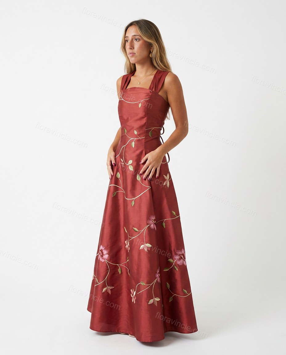 Deep Red Floral Maxi Embroidered Dress, front studio view, by Floravincie