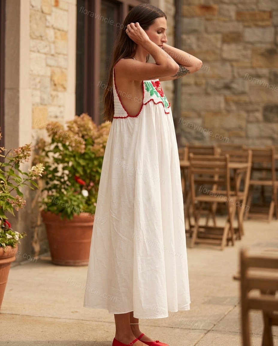 White Floral Maxi Embroidered Dress, alternate use-case lifestyle view, by Floravincie