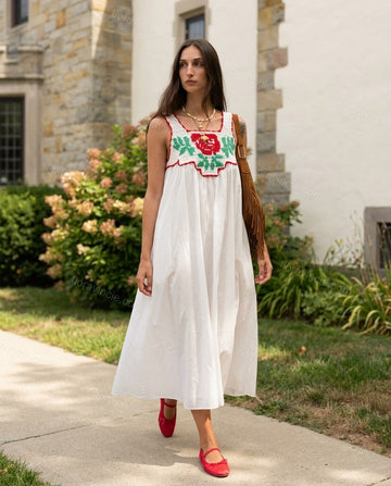 White Floral Maxi Embroidered Dress, full-length hero view, by Floravincie