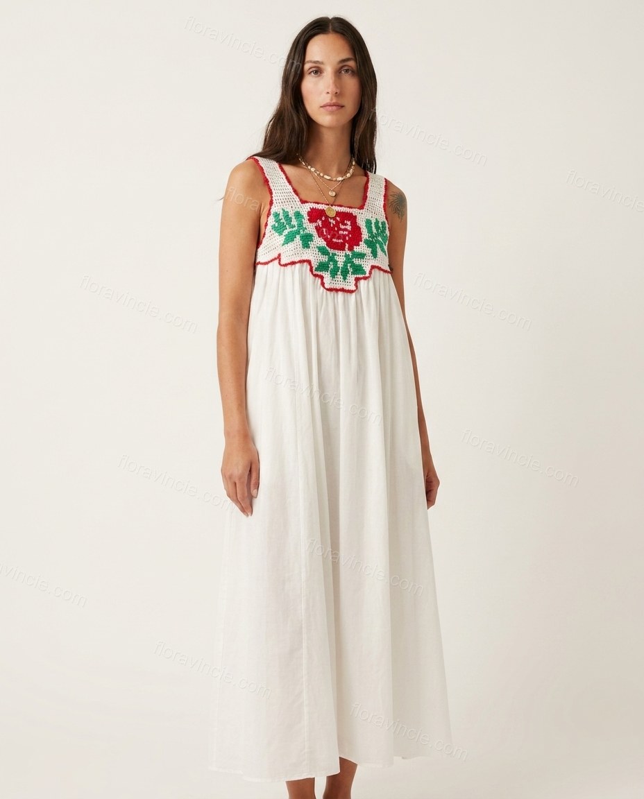 White Floral Maxi Embroidered Dress, front studio view, by Floravincie