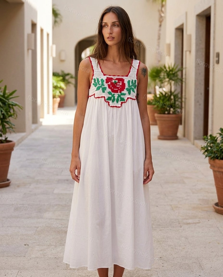 White Floral Maxi Embroidered Dress, three-quarter brand lifestyle view, by Floravincie