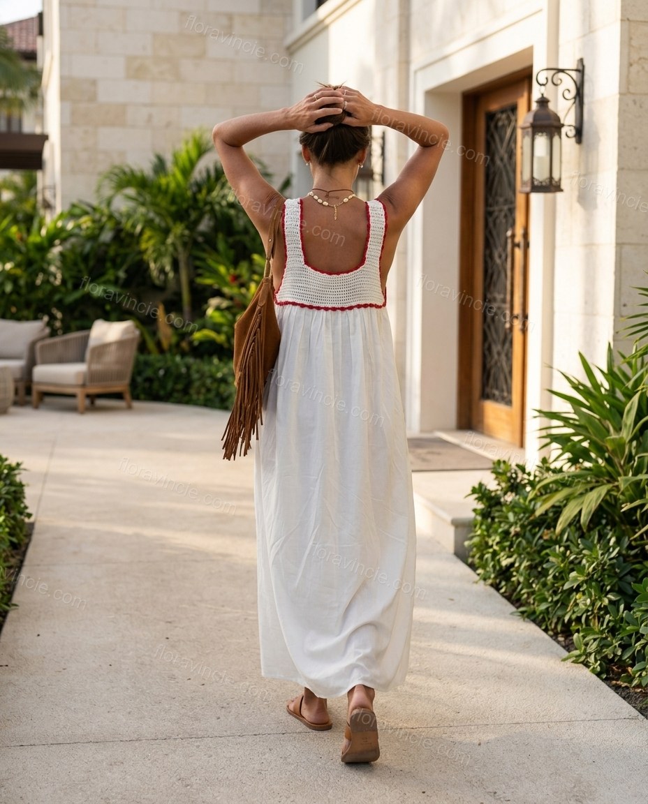 White Floral Maxi Embroidered Dress, movement and fit lifestyle view, by Floravincie