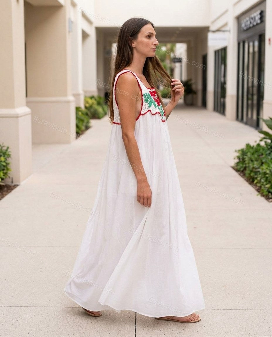 White Floral Maxi Embroidered Dress, walking lifestyle view, by Floravincie