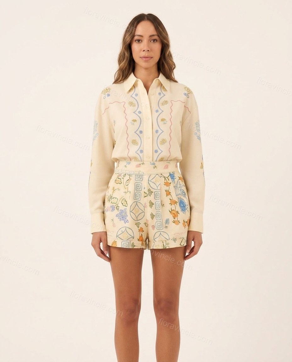 Ecru Floral Embroidered Pleated Shirt & Shorts Set, front studio view, by Floravincie