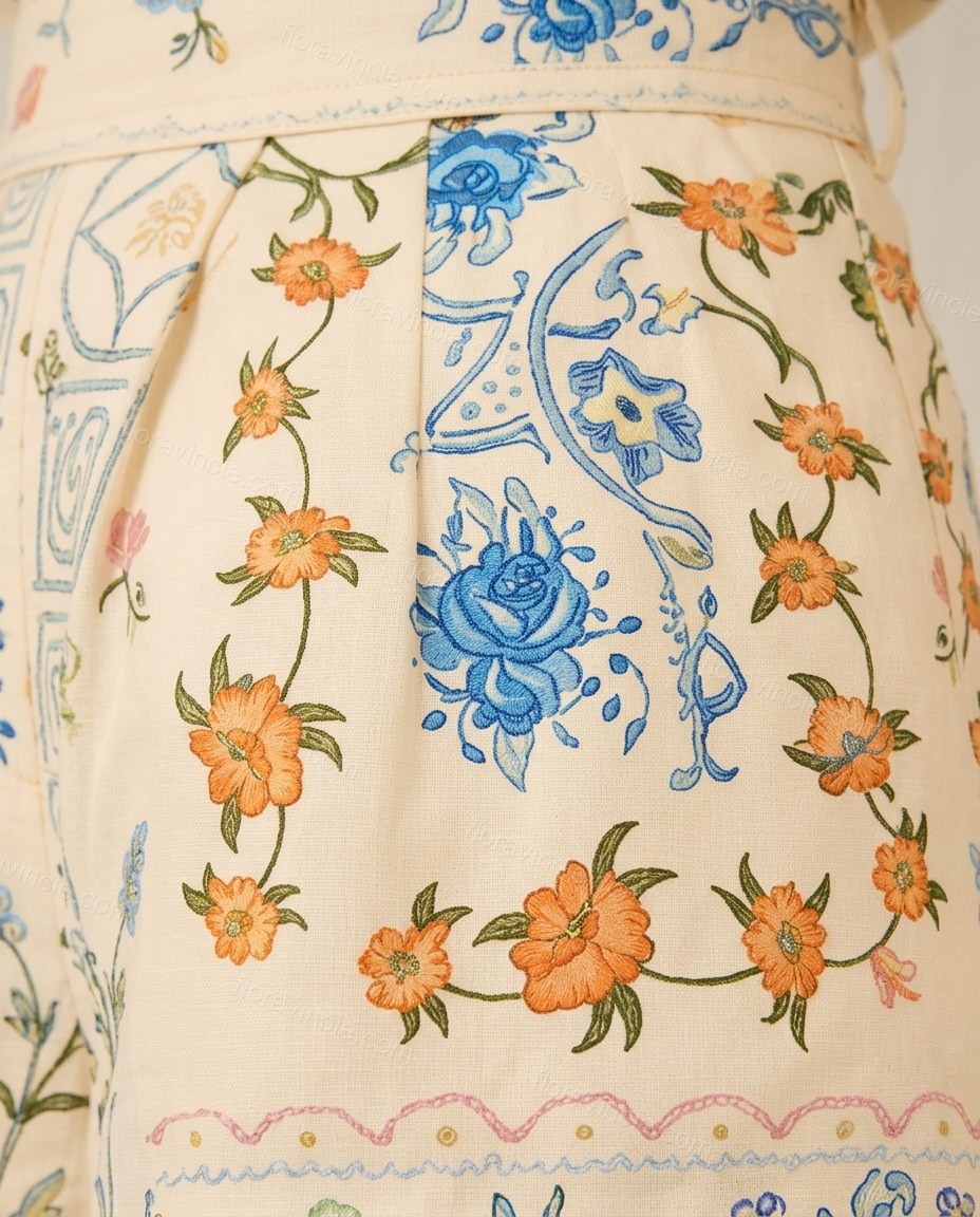 Ecru Floral Embroidered Pleated Shirt & Shorts Set, close-up of floral, by Floravincie