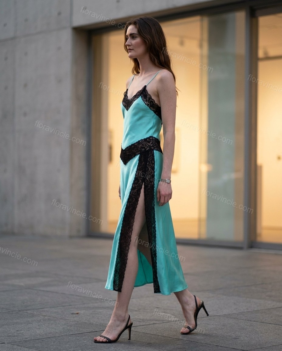 Turquoise Midi Satin Lace Dress, alternate use-case lifestyle view, by Floravincie