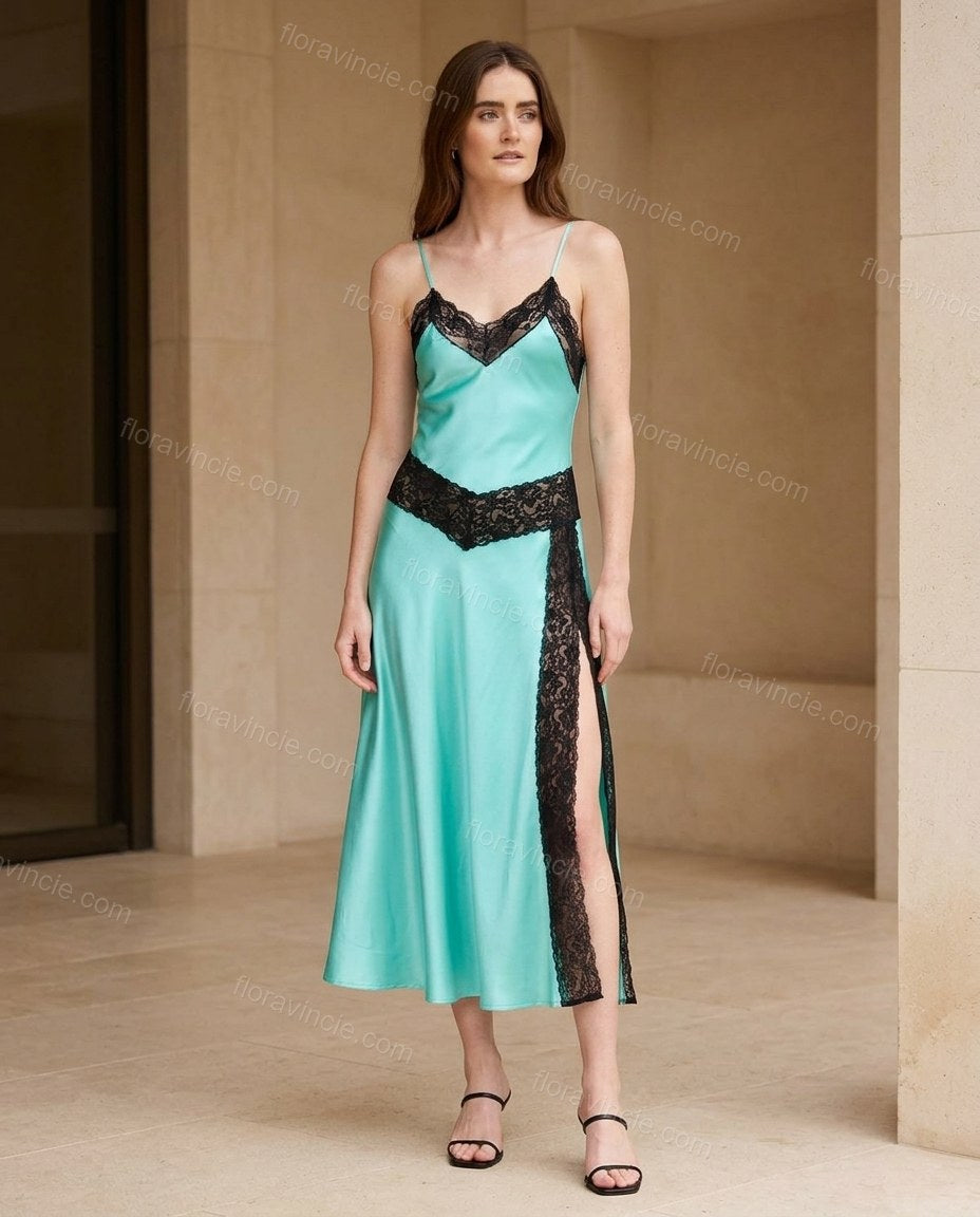 Turquoise Midi Satin Lace Dress, full-length hero view, by Floravincie