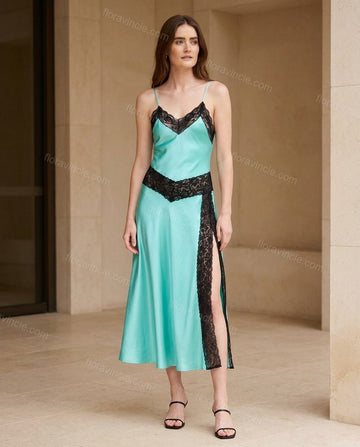 Turquoise Midi Satin Lace Dress, full-length hero view, by Floravincie