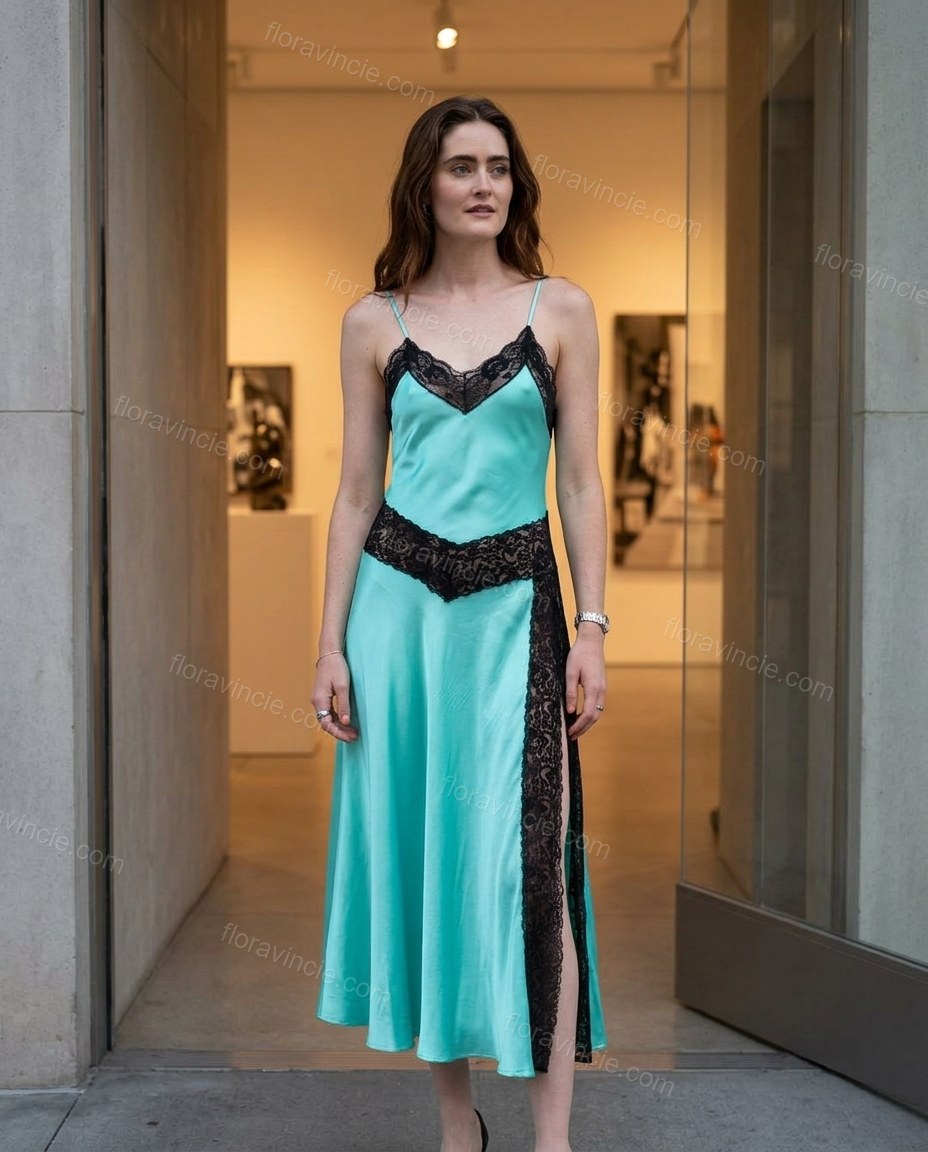 Turquoise Midi Satin Lace Dress, three-quarter brand lifestyle view, by Floravincie