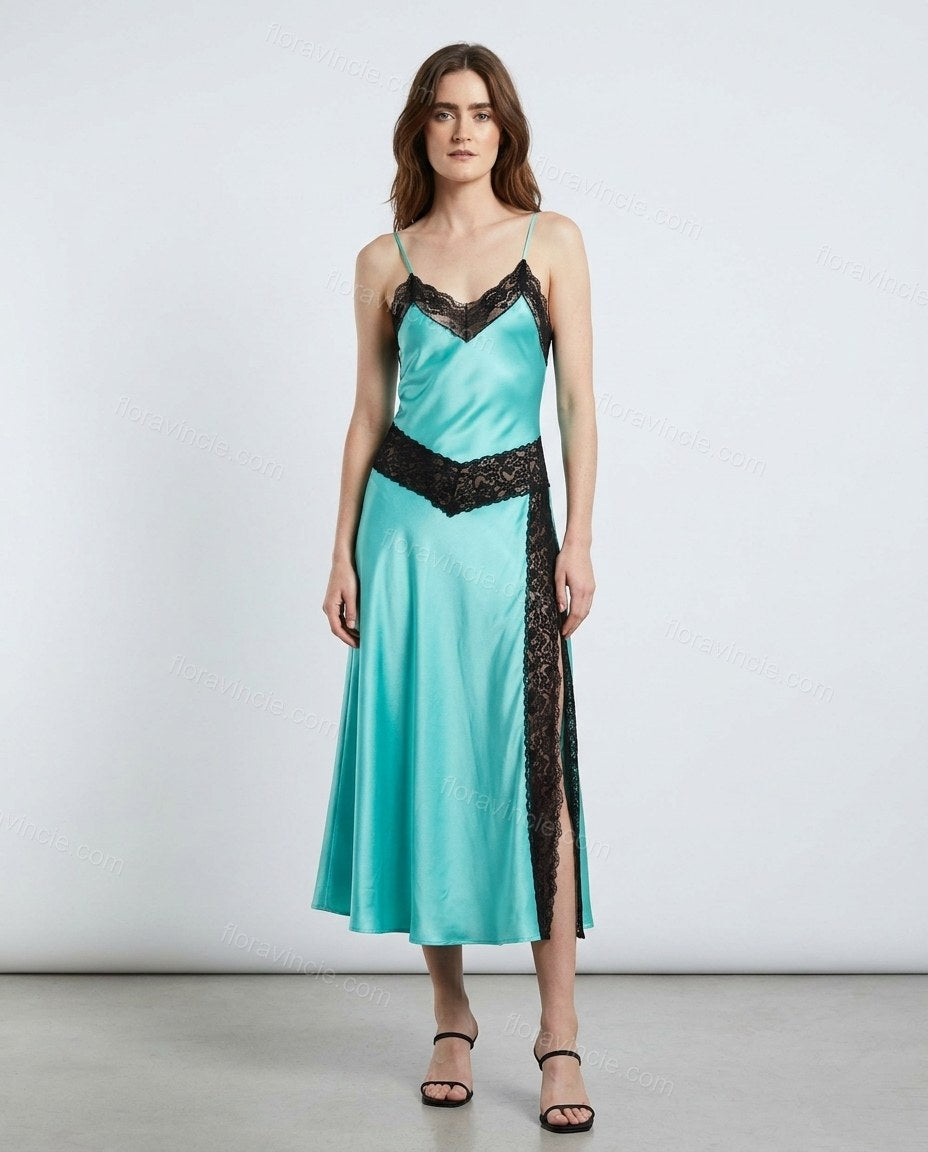 Turquoise Midi Satin Lace Dress, side and back studio view, by Floravincie