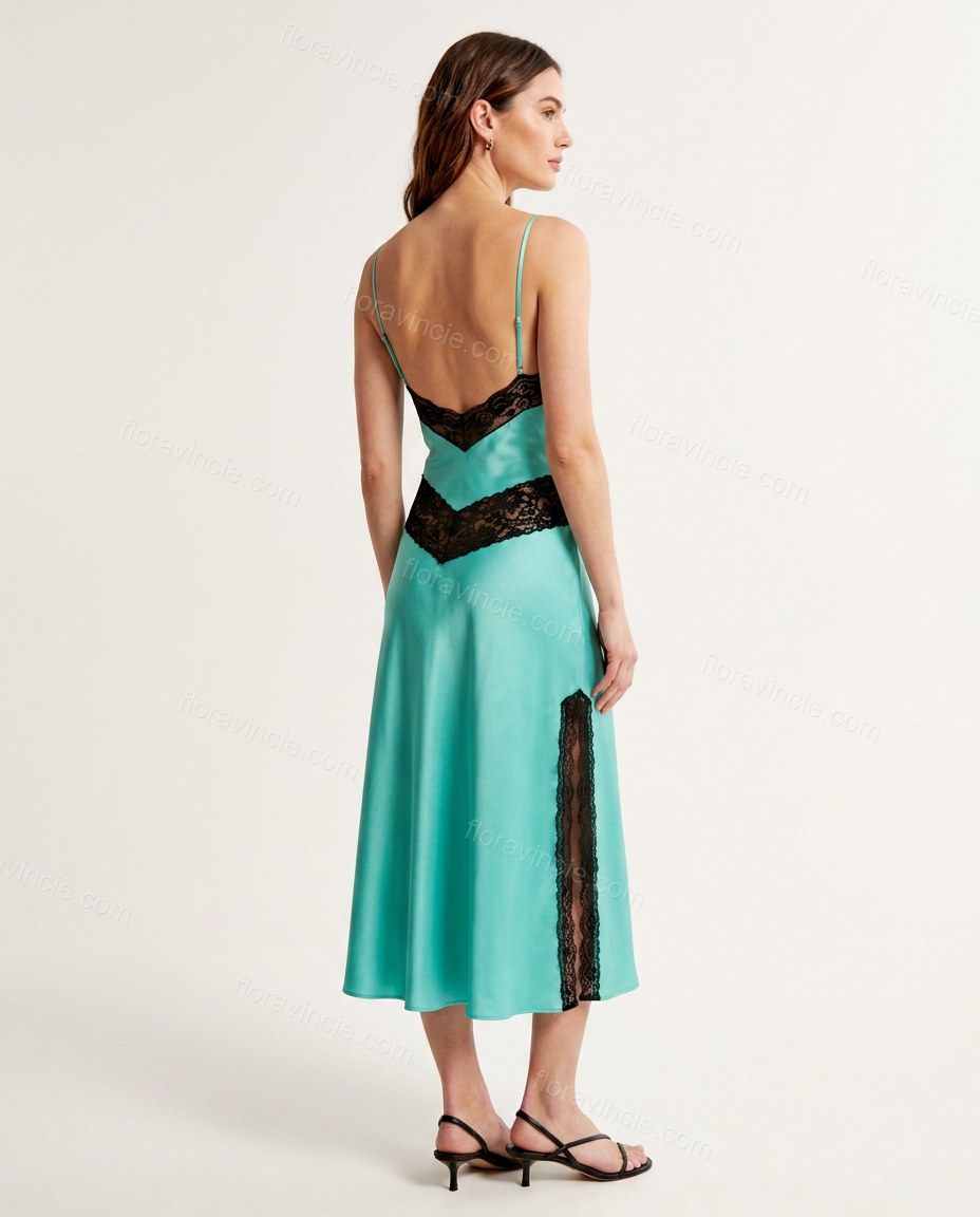 Turquoise Midi Satin Lace Dress, front studio view, by Floravincie