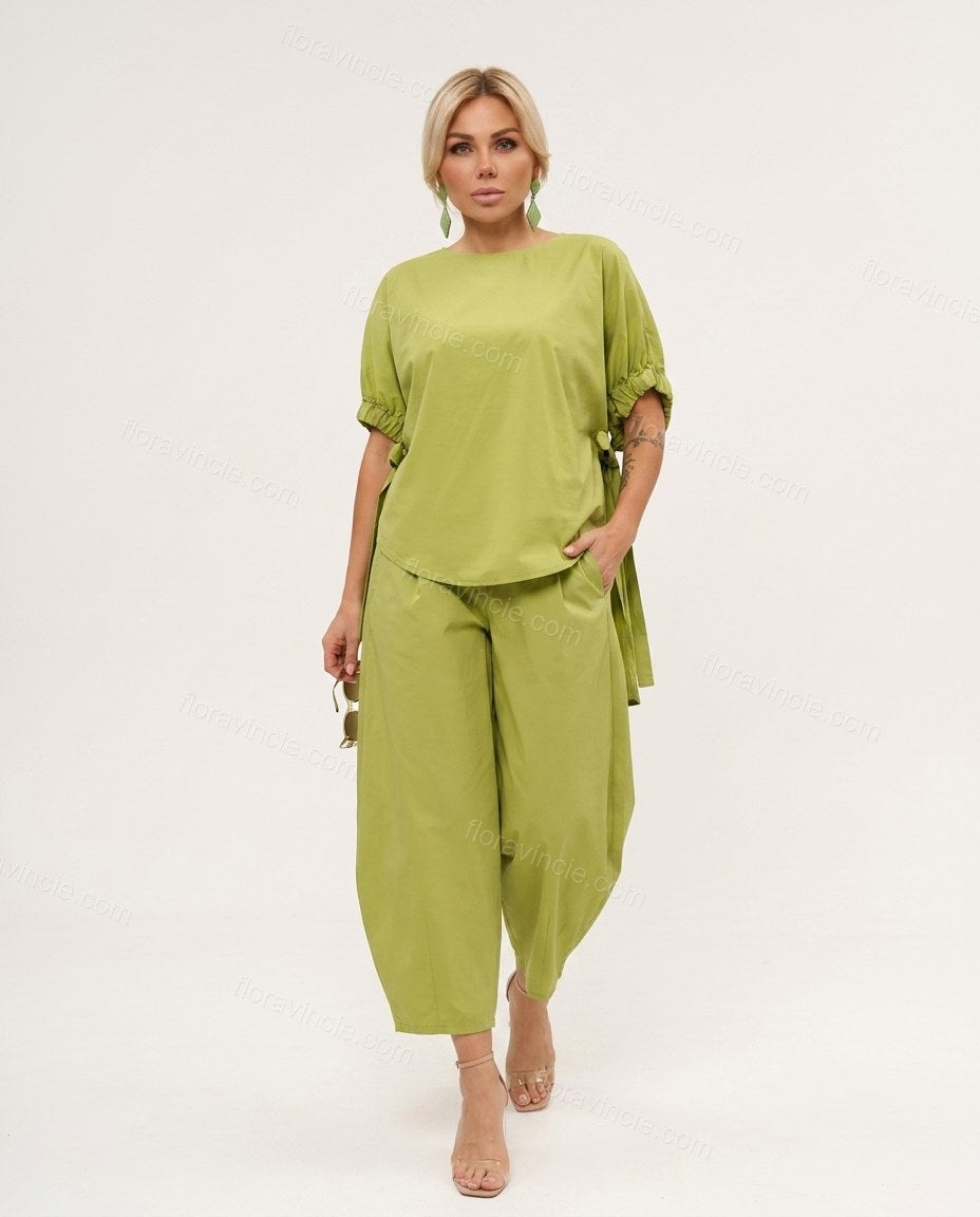 Lime Green Cotton Top & Pants Set, front studio view, by Floravincie