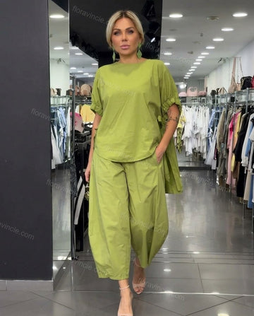 Lime Green Cotton Top & Pants Set, full-length hero view, by Floravincie
