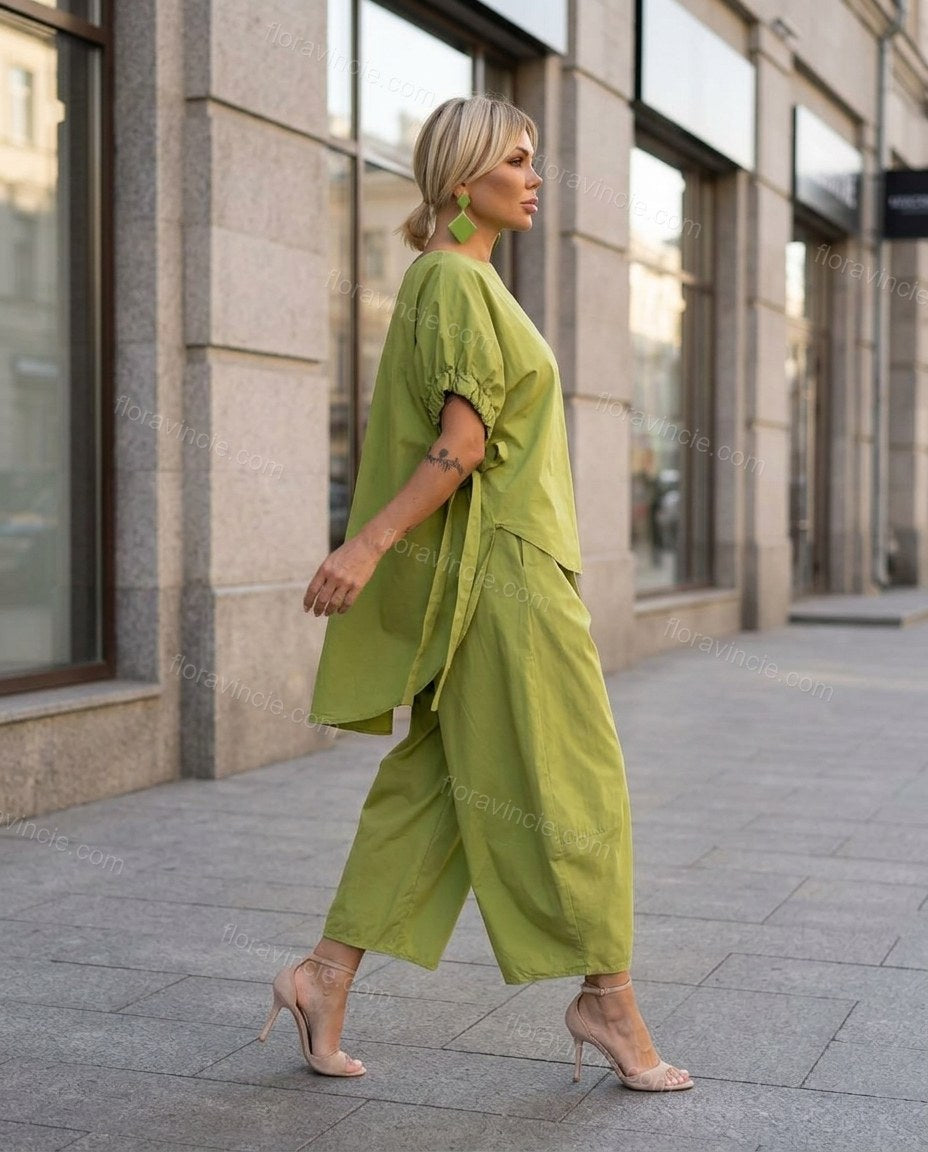 Lime Green Cotton Top & Pants Set, movement and fit lifestyle view, by Floravincie