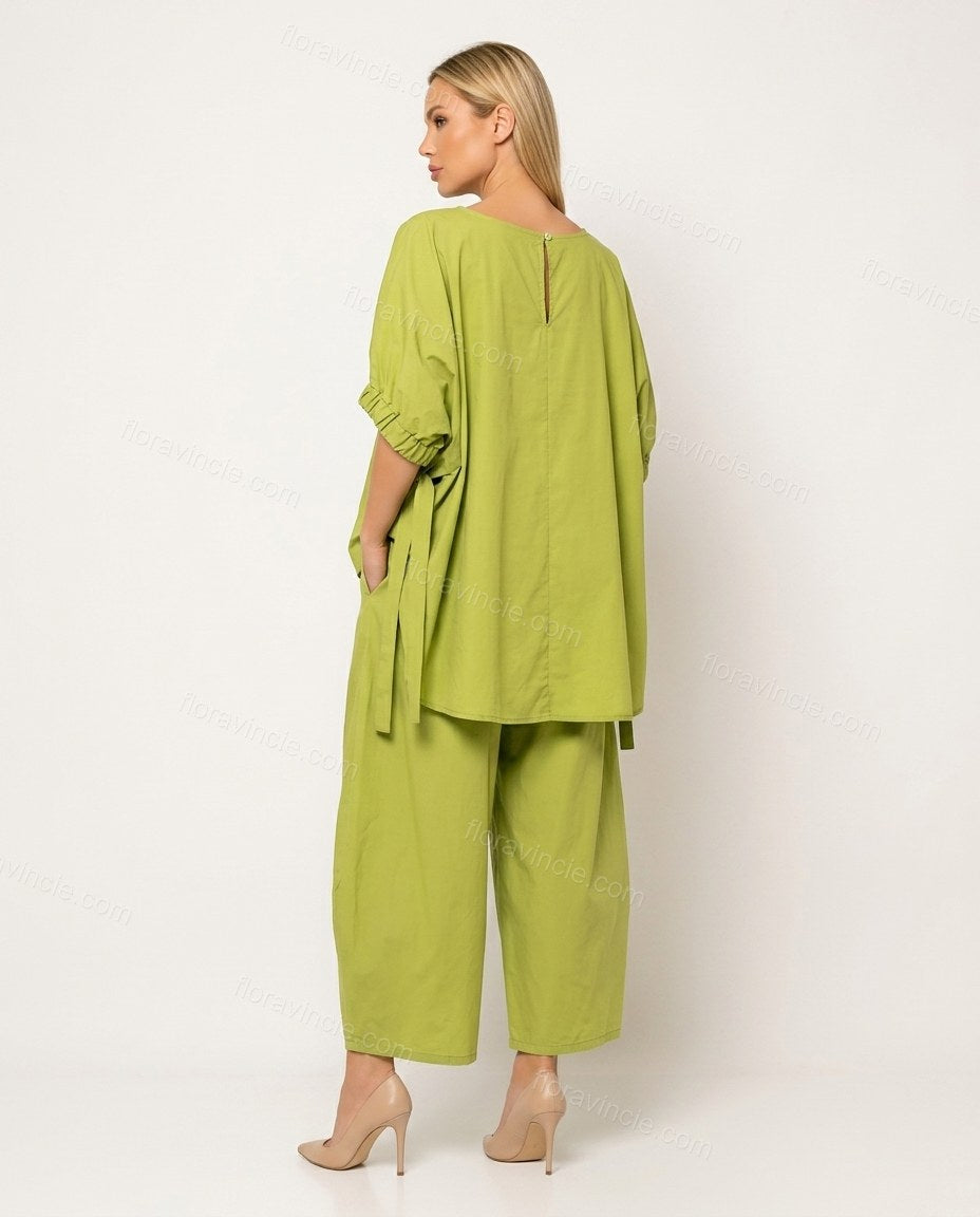Lime Green Cotton Top & Pants Set, back studio view showing no visible back details, by Floravincie