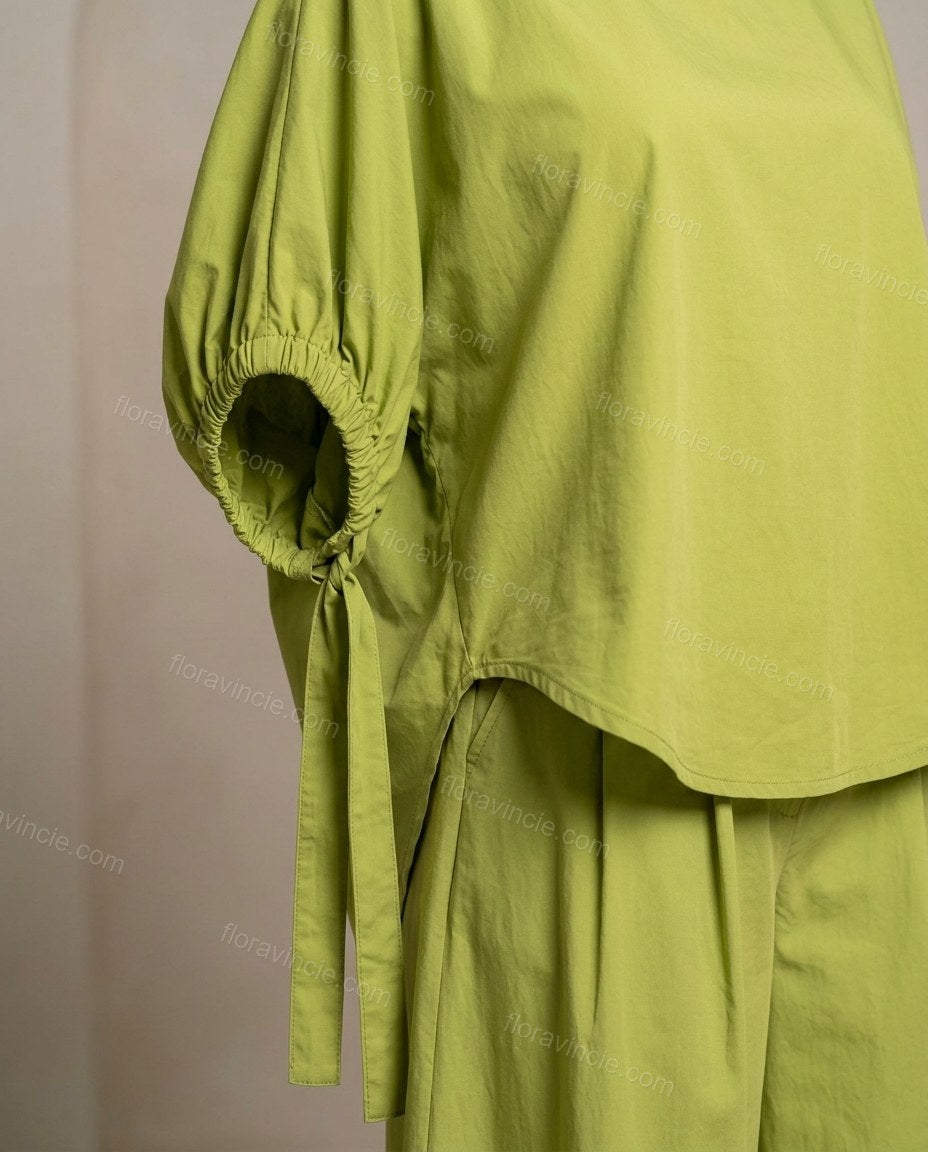 Lime Green Cotton Top & Pants Set, close-up of elasticized sleeve cuffs, side tie details on top and side pockets on pants, by Floravincie