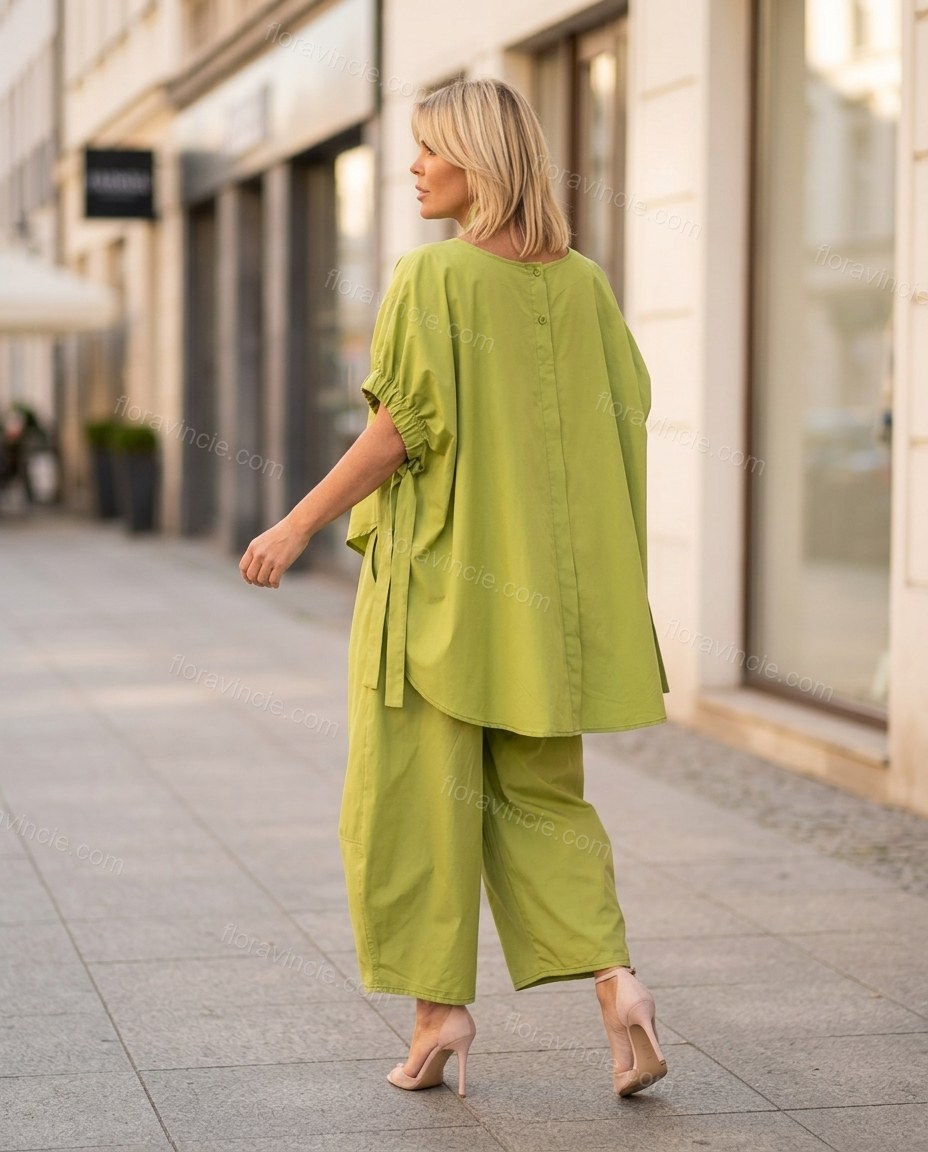 Lime Green Cotton Top & Pants Set, walking lifestyle view, by Floravincie