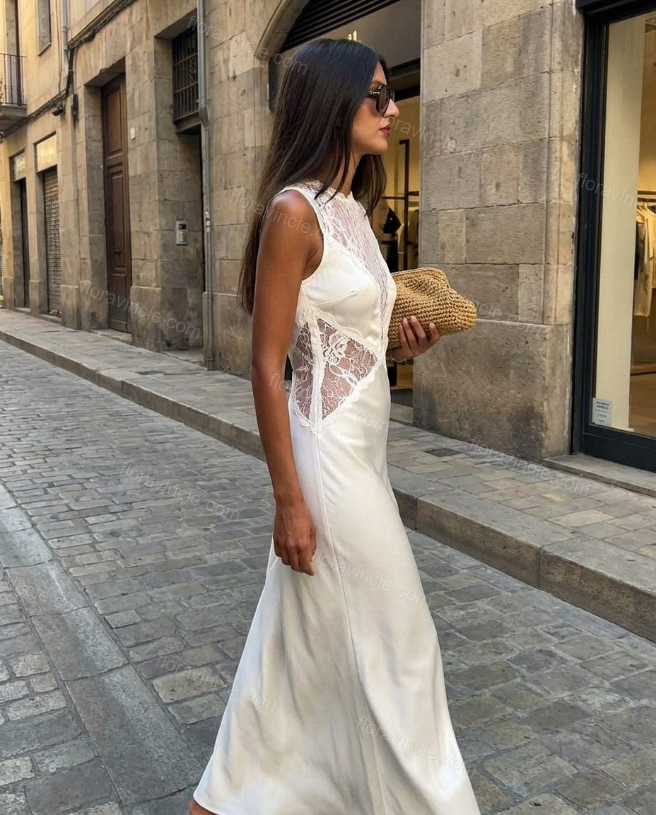 White Floral Maxi Satin Dress, movement and fit lifestyle view, by Floravincie