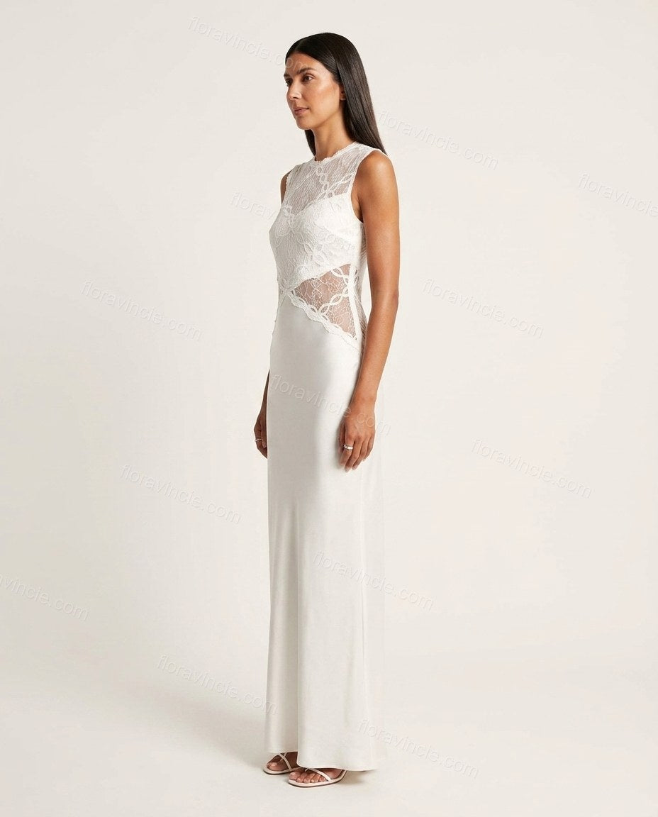 White Floral Maxi Satin Dress, side and back studio view, by Floravincie
