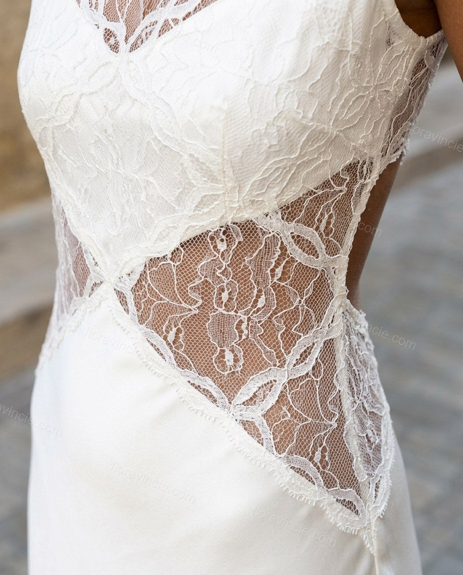 White Floral Maxi Satin Dress, close-up of floral, by Floravincie