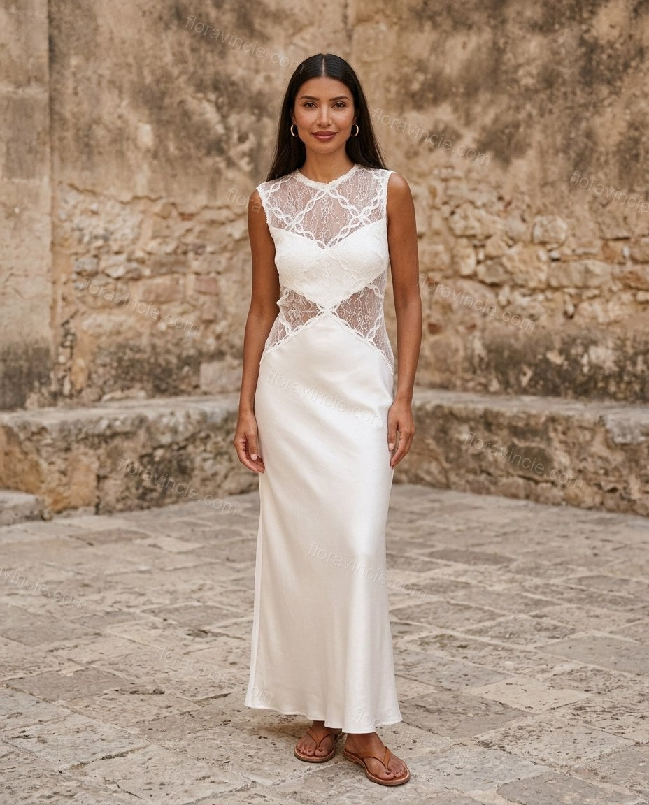 White Floral Maxi Satin Dress, full-length hero view, by Floravincie