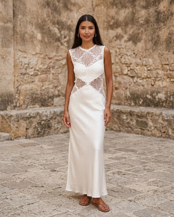 White Floral Maxi Satin Dress, full-length hero view, by Floravincie