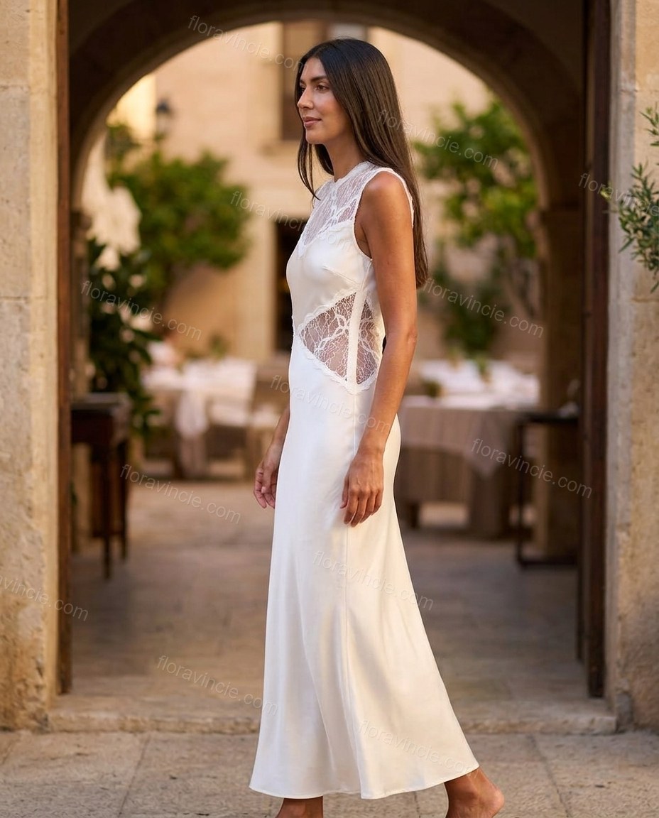 White Floral Maxi Satin Dress, walking lifestyle view, by Floravincie