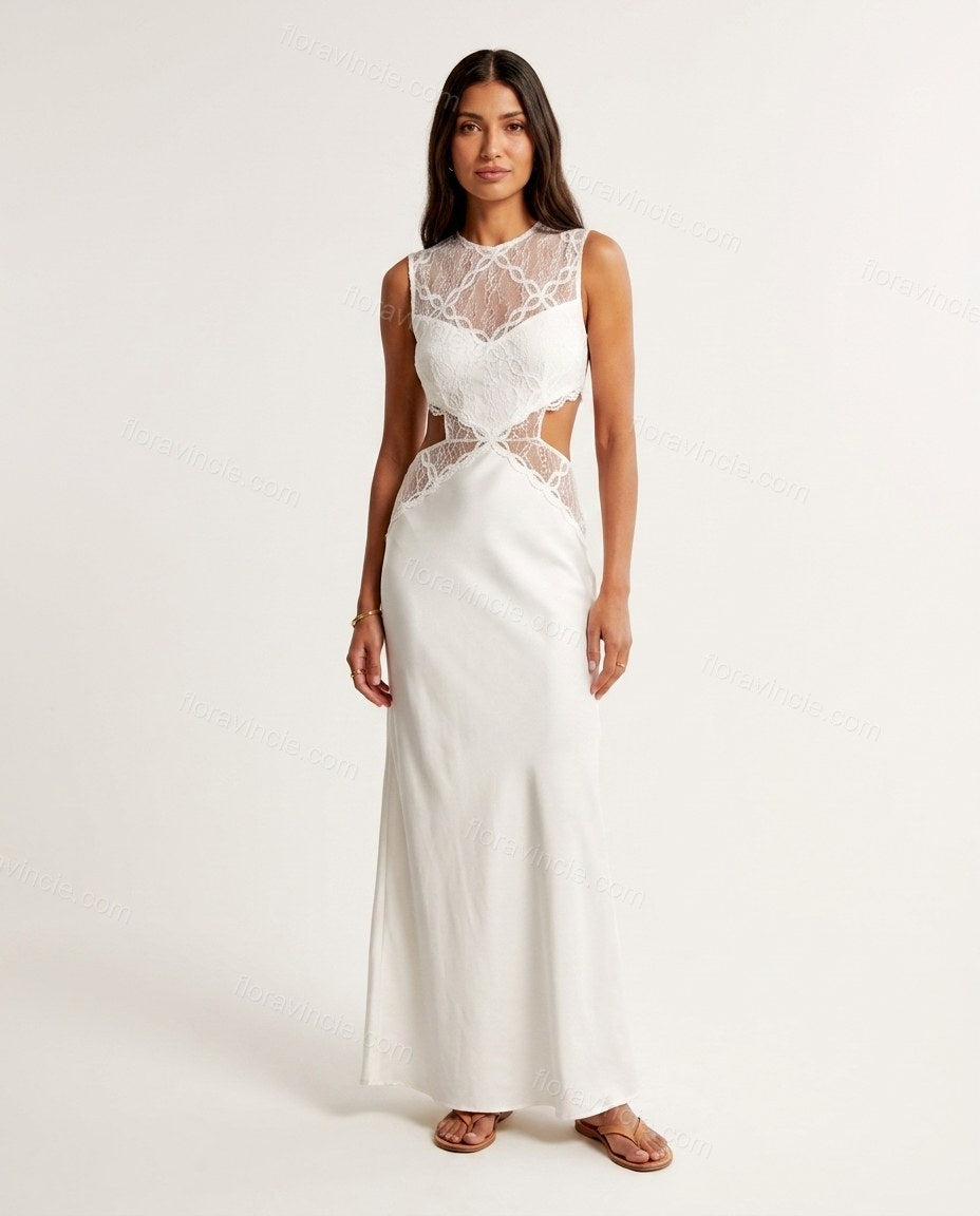 White Floral Maxi Satin Dress, front studio view, by Floravincie