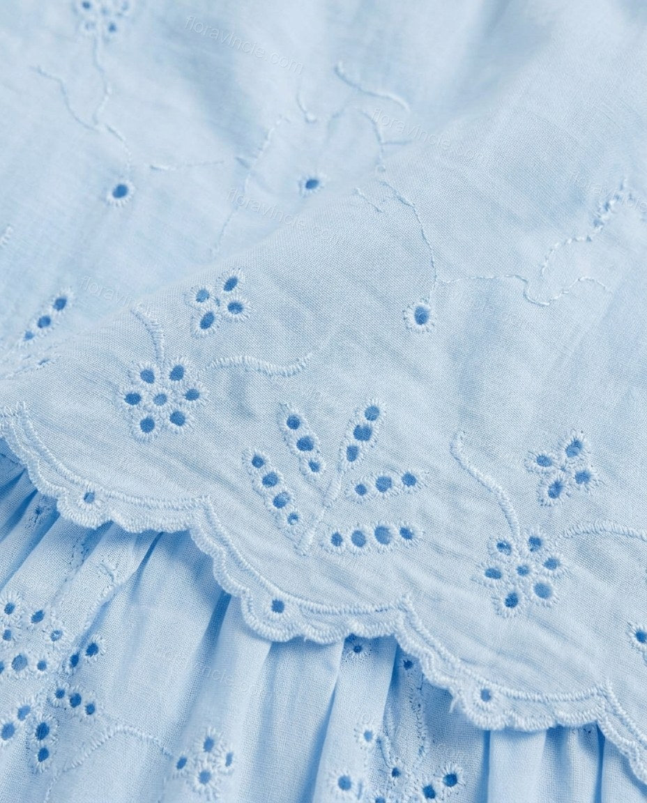 Light Blue Mini Eyelet Tiered Skirt Set, close-up of eyelet cutwork and scalloped hem, by Floravincie