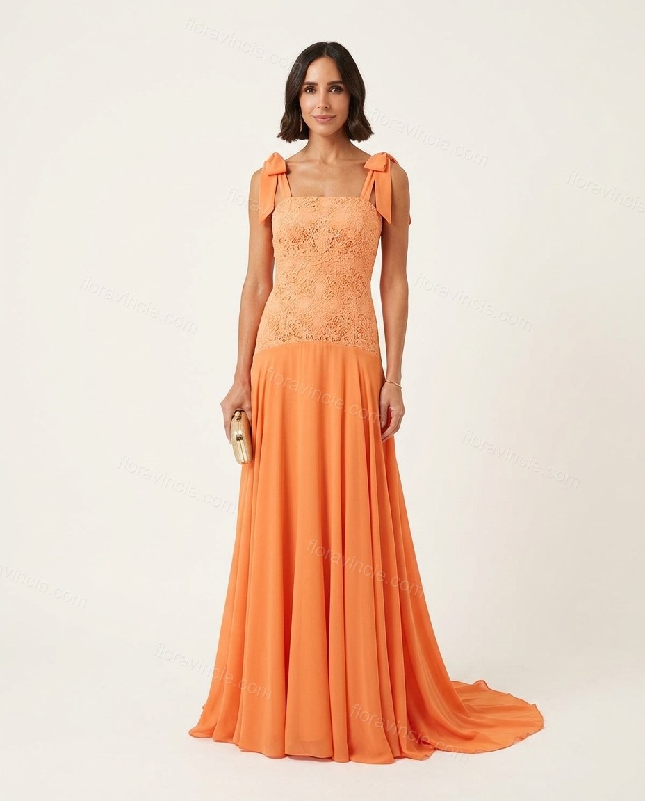 Orange Floral Maxi Chiffon Dress, front studio view, by Floravincie