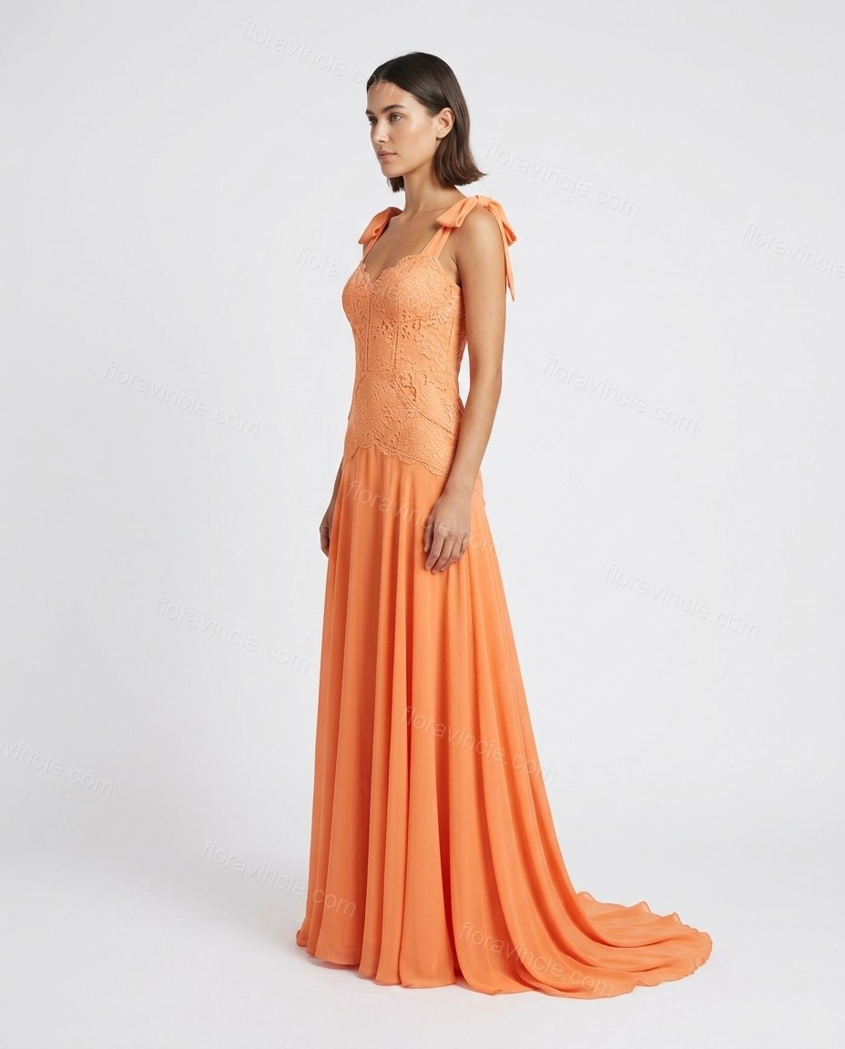 Orange Floral Maxi Chiffon Dress, side and back studio view showing no visible details, by Floravincie