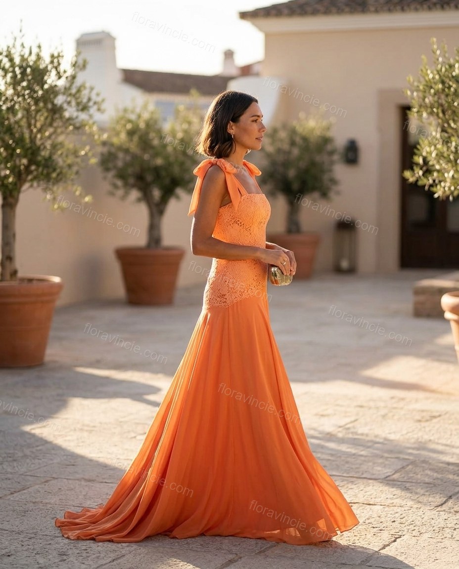 Orange Floral Maxi Chiffon Dress, movement and fit lifestyle view, by Floravincie