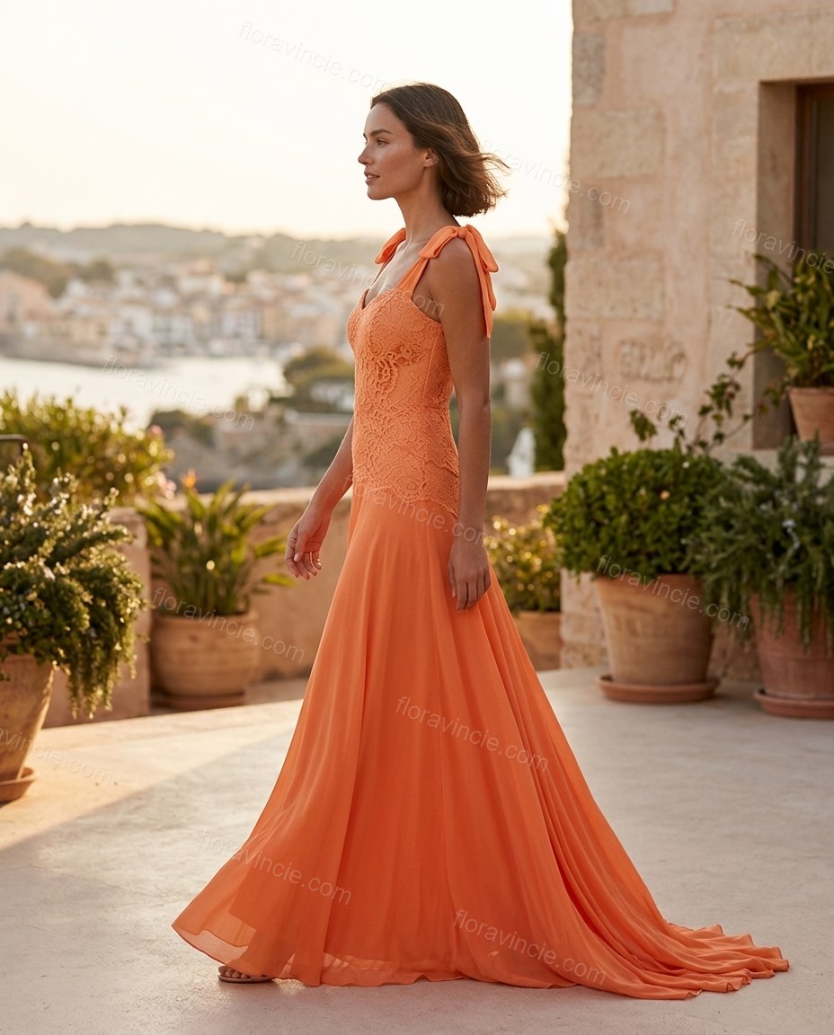 Orange Floral Maxi Chiffon Dress, walking lifestyle view, by Floravincie