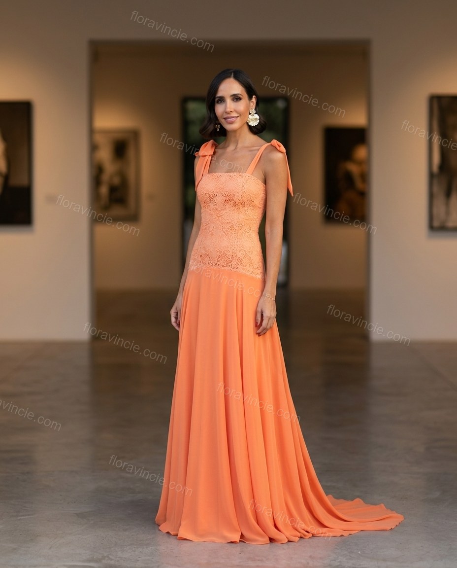 Orange Floral Maxi Chiffon Dress, three-quarter brand lifestyle view, by Floravincie