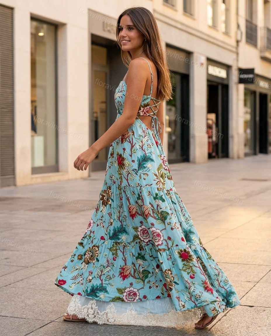 Light Blue Floral Maxi Tiered Dress, movement and fit lifestyle view, by Floravincie