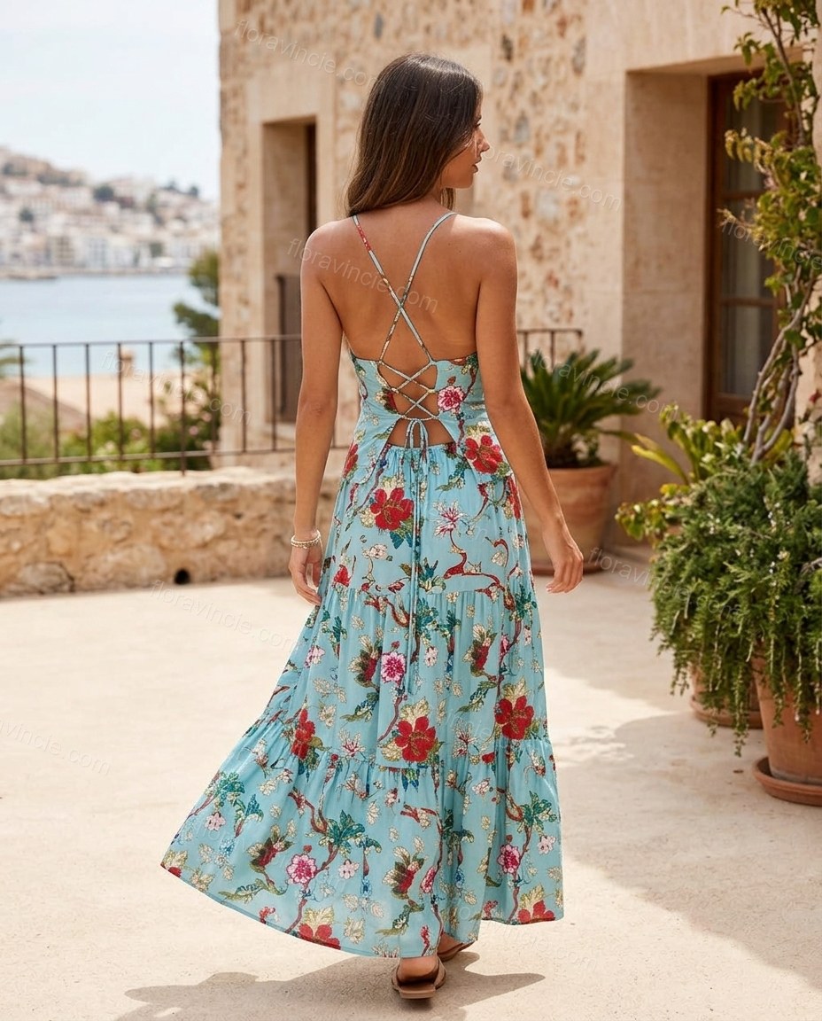 Light Blue Floral Maxi Tiered Dress, walking lifestyle view, by Floravincie