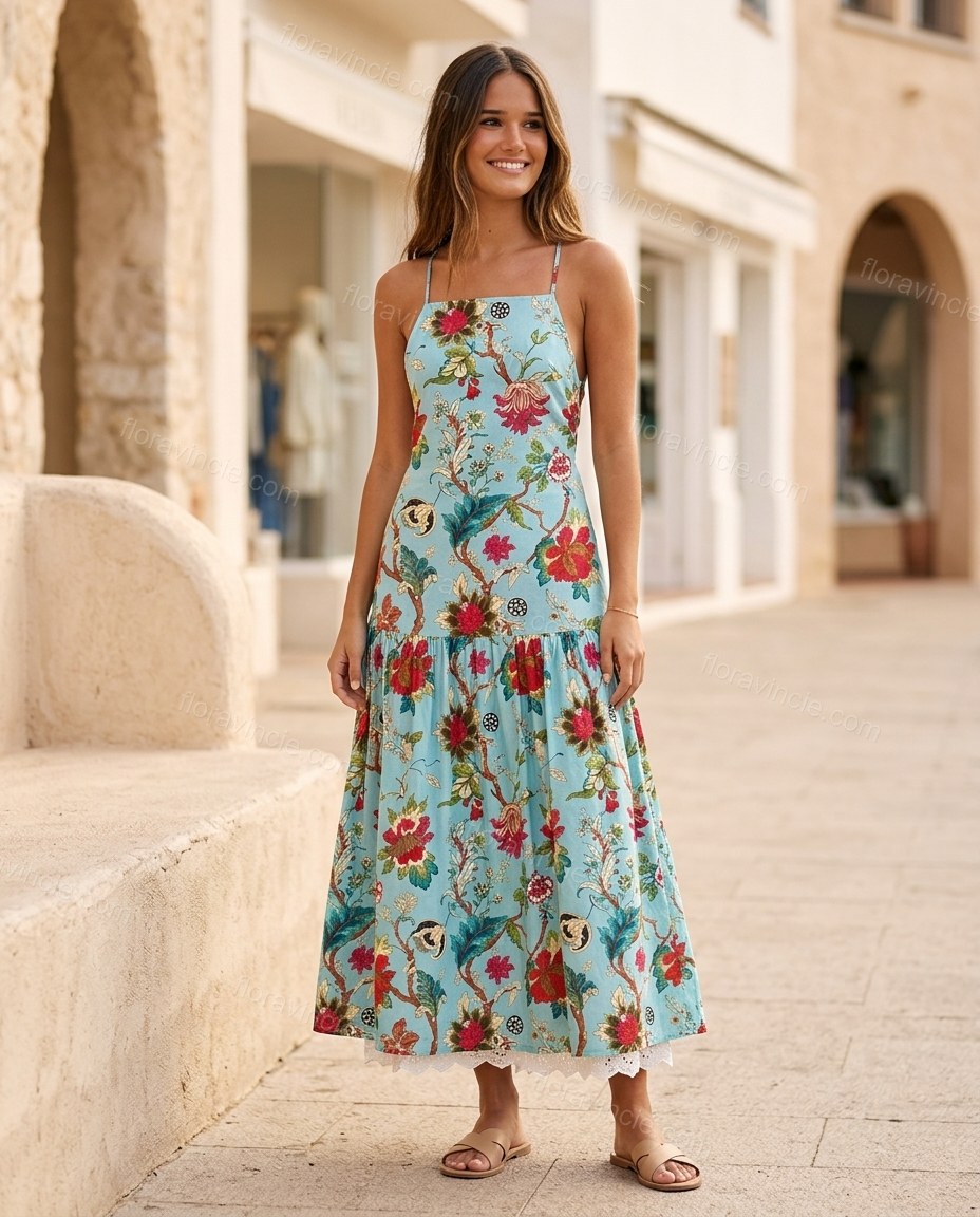 Light Blue Floral Maxi Tiered Dress, alternate use-case lifestyle view, by Floravincie