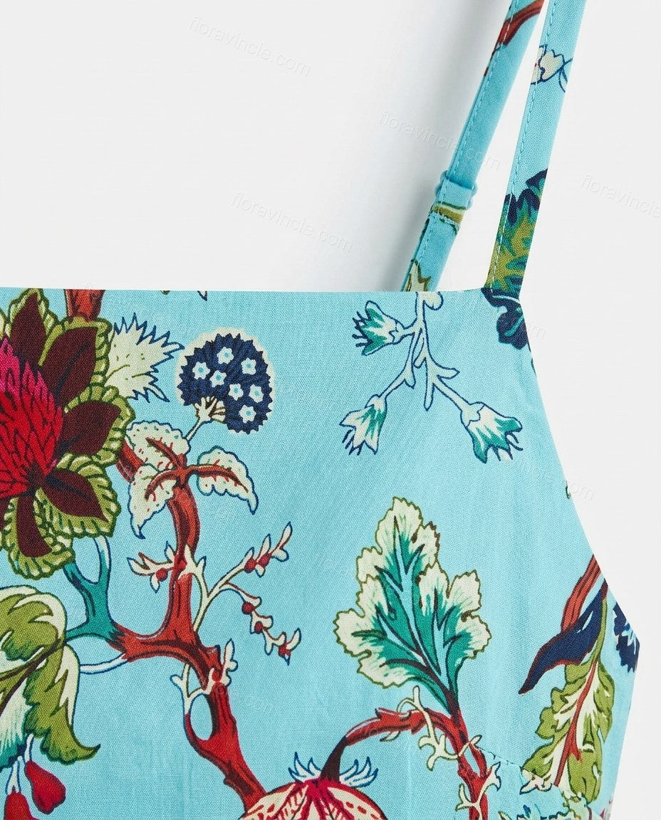 Light Blue Floral Maxi Tiered Dress, close-up of floral, by Floravincie