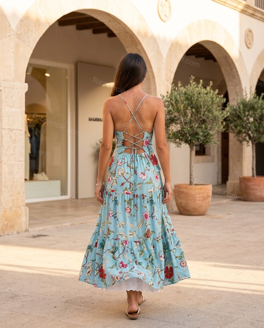 Light Blue Floral Maxi Tiered Dress, three-quarter brand lifestyle view, by Floravincie