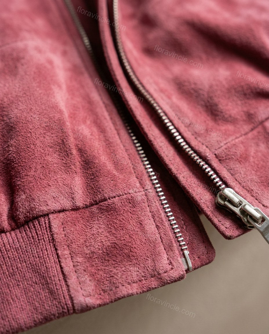 Pink Ribbed Jacket, close-up of ribbed hem, ribbed cuffs and zipper closure, by Floravincie