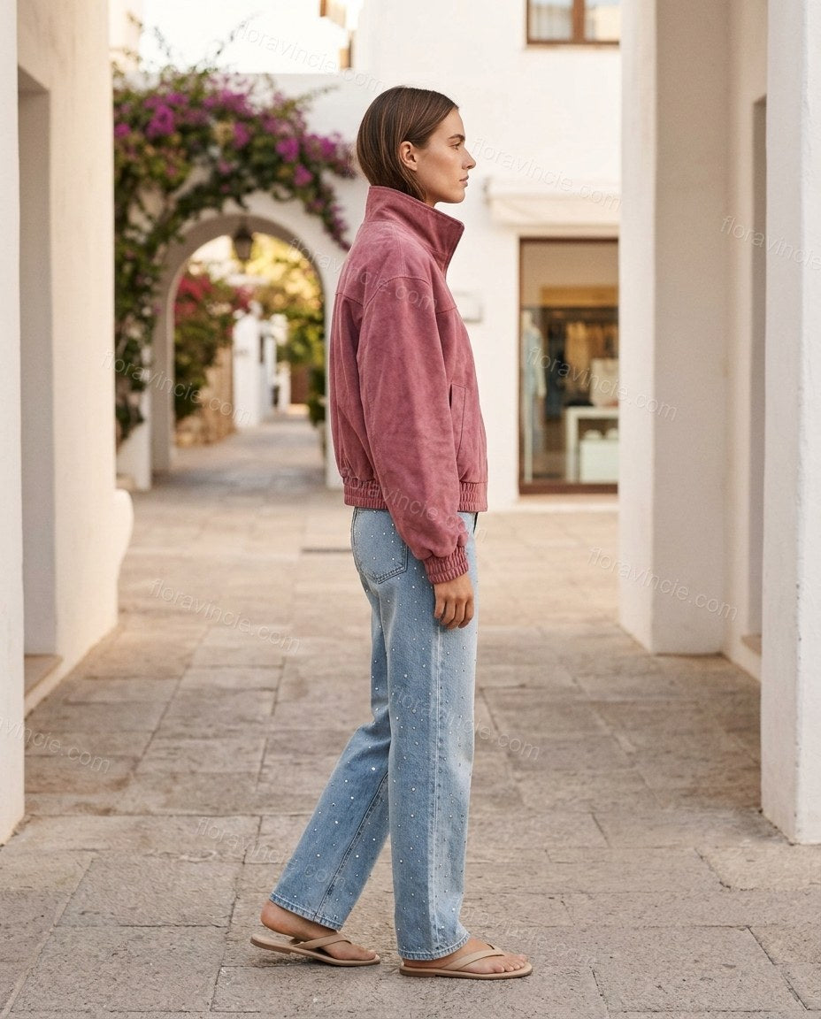 Pink Ribbed Jacket, movement and fit lifestyle view, by Floravincie