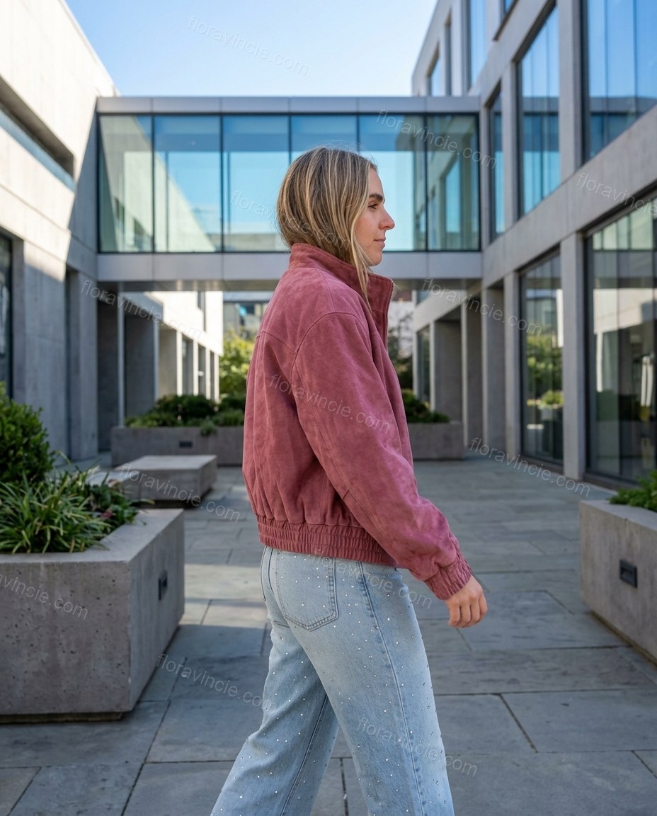 Pink Ribbed Jacket, three-quarter brand lifestyle view, by Floravincie