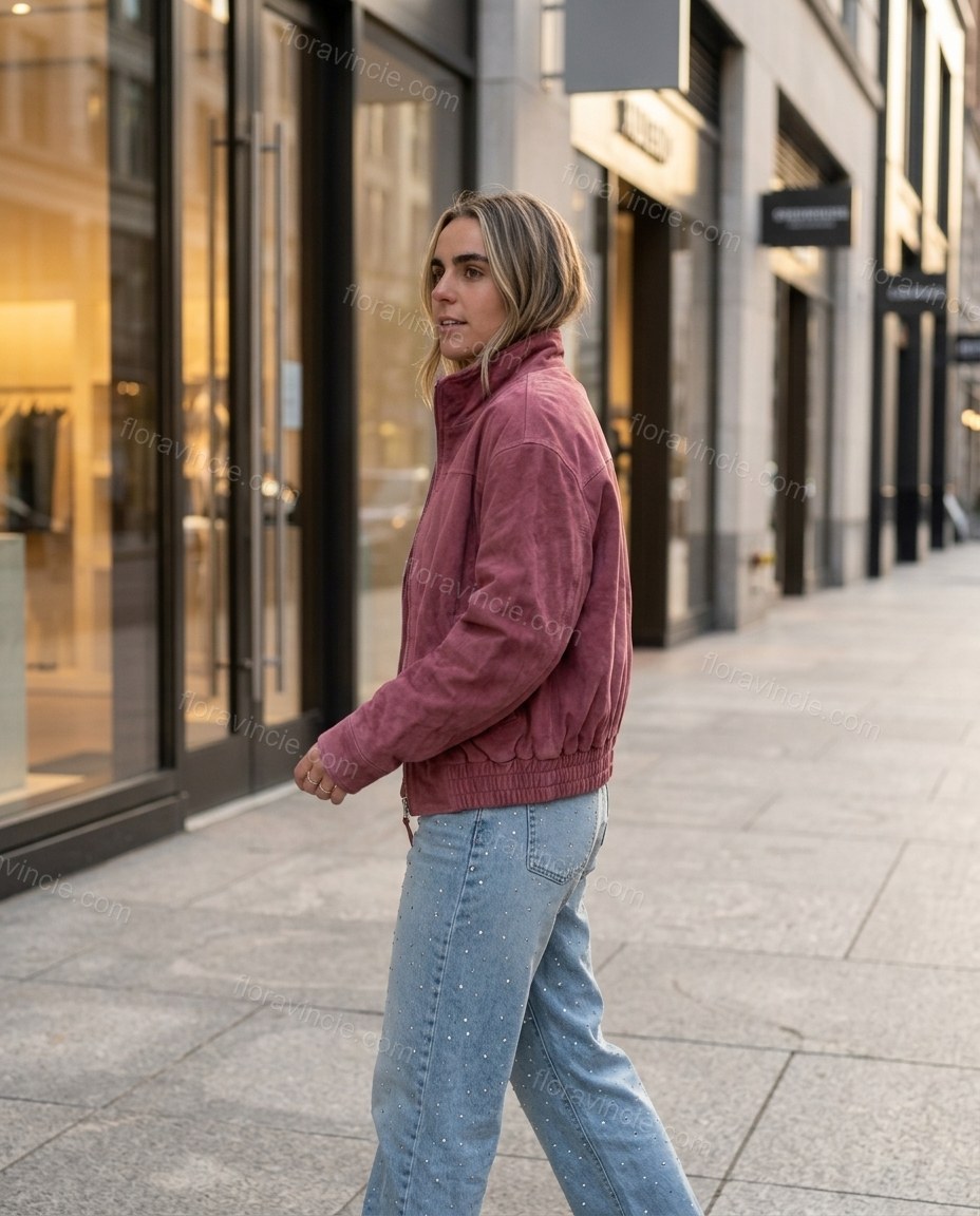 Pink Ribbed Jacket, walking lifestyle view, by Floravincie