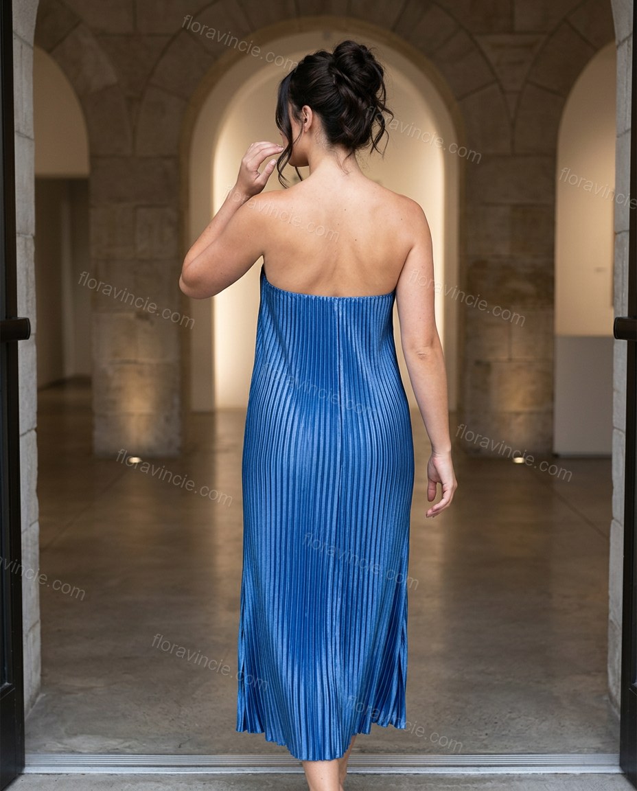 Blue Midi Strapless Pleated Dress, three-quarter brand lifestyle view, by Floravincie
