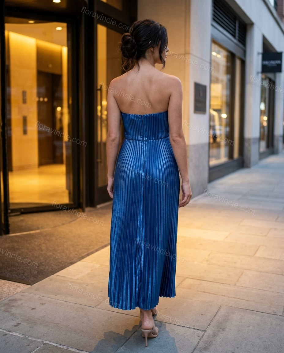 Blue Midi Strapless Pleated Dress, walking lifestyle view, by Floravincie