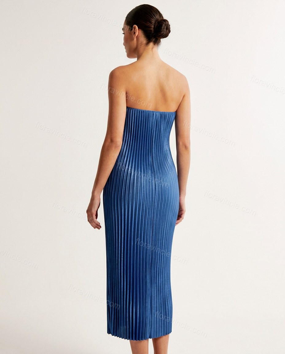 Blue Midi Strapless Pleated Dress, back studio view, by Floravincie